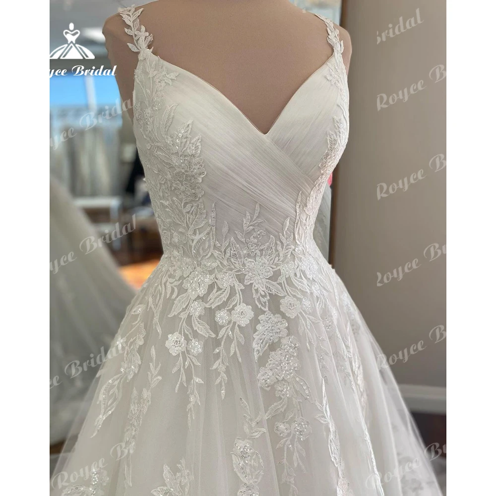 Roycebridal Pleats V Neck Lace Applique  Wedding Dress for Women Customized Spaghetti Straps Bridal Gown vestido de noiva sereia