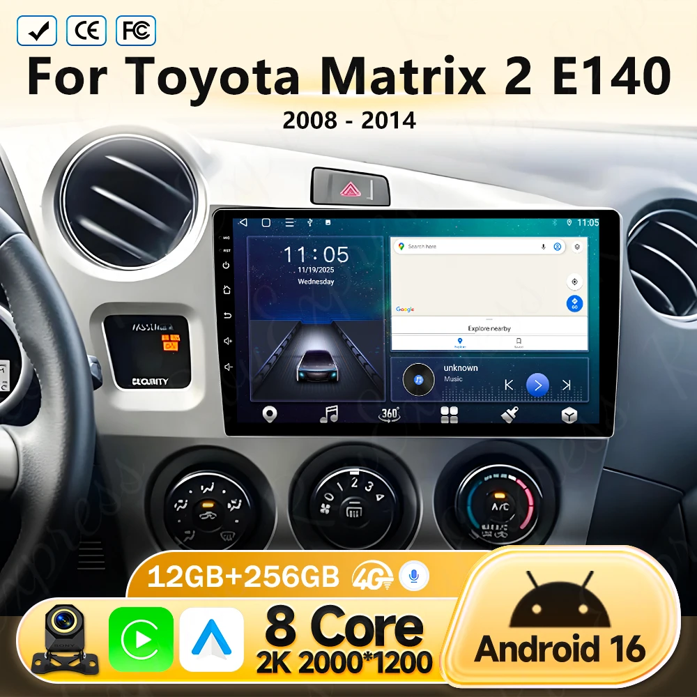 

Автомагнитола Android 16 с Carplay Auto для Toyota Matrix 2 E140 2008-2014, мультимедийный плеер, навигация GPS