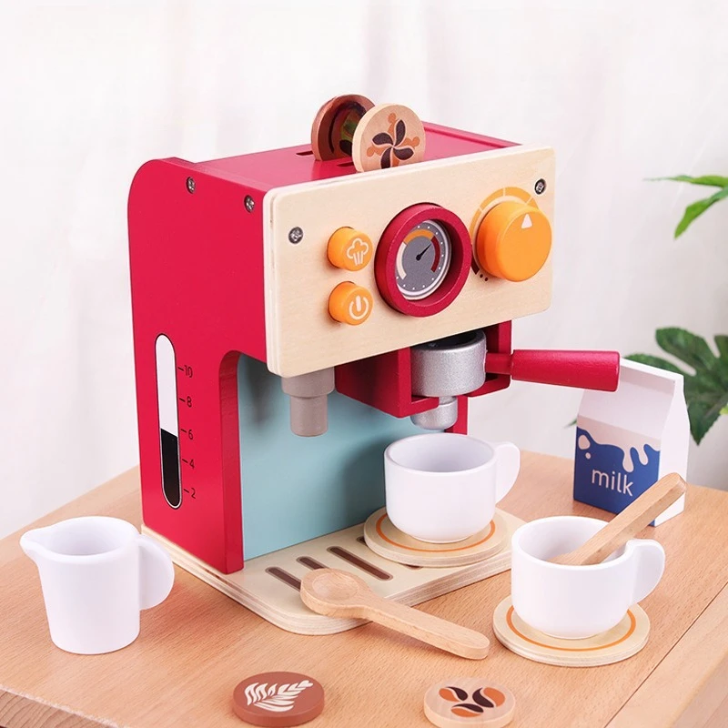 Childrens Pretend Play Simulated Fun Coffee Machine Tea Kitchen Toys Set Wooden Educational Toys for Kids 2 To 4 Years Old Gift
