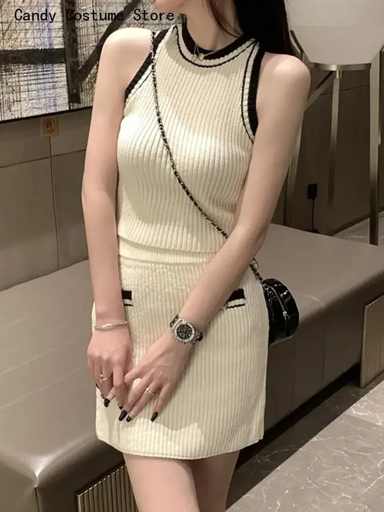 Knitted Two Piece Set  New Spring Summer Korean Chic For Women Sweater Top   Mini Skirt Sets Fashion Casual Two Piece Suits