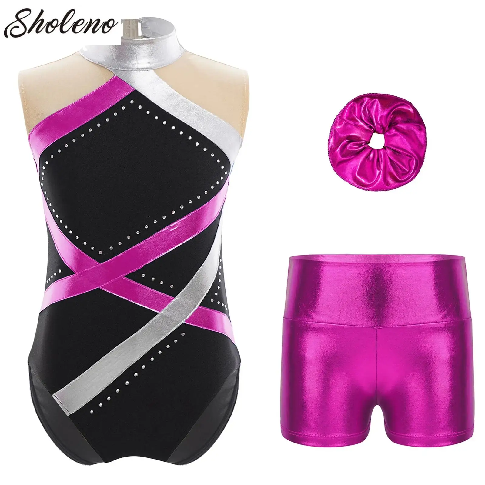 

Kid Girls Metallic Stripes Ballet Leotards Gymnastics Practice Bodysuit with Shorts Hairband Set Performance Workout Dance Wear