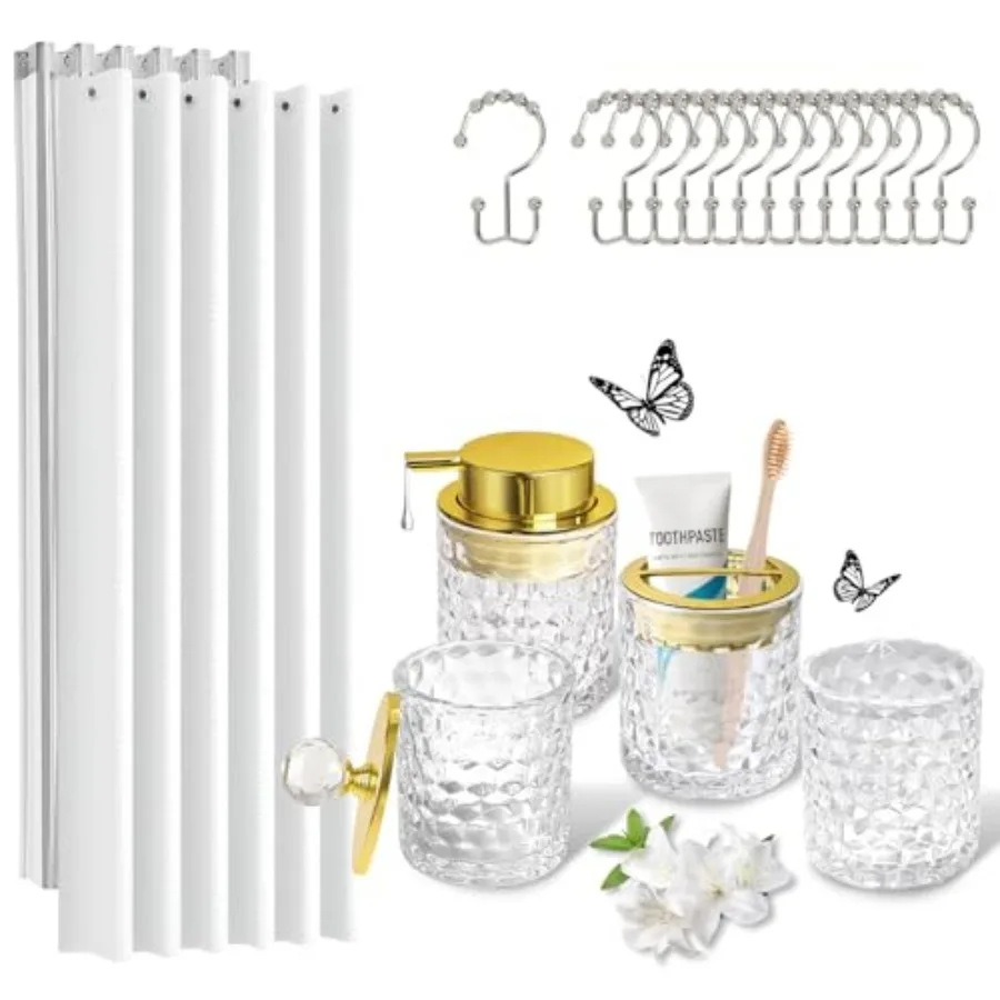 

Bathroom Accessories Set 5PCS Glass Bathroom Accessories Set Complete with Shower Curtain Soap Dispenser Toothbrush Holder Tumb