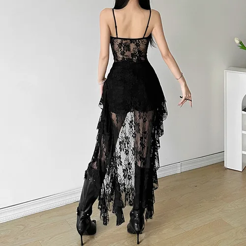 Imagen 2 del producto Vestido de mujer Sexy de malla de retales sin tirantes cintura Irregular con volantes Vestidos negros divididos 2024 Vestidos de fiesta de noche de moda