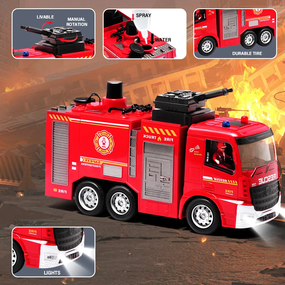 2 em 1 conjunto de controle remoto caminhão de bombeiros brinquedo engenharia veículo de construção com escada resgate alarme luz mangueira bomba água crianças presente