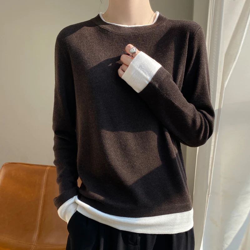 

2024 New fake two pieces Cashmere Sweater Women Spring and Autumn Solid Loose Casual fake two pieces Cashmere Sweater Women