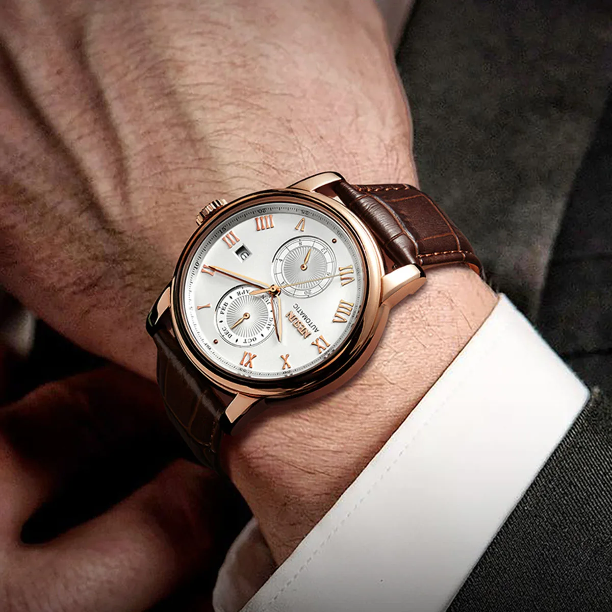 NESUN automatic mechanical watch for men, multi-functional mechanical watch, skeleton men's watch, gentleman's wristwatch