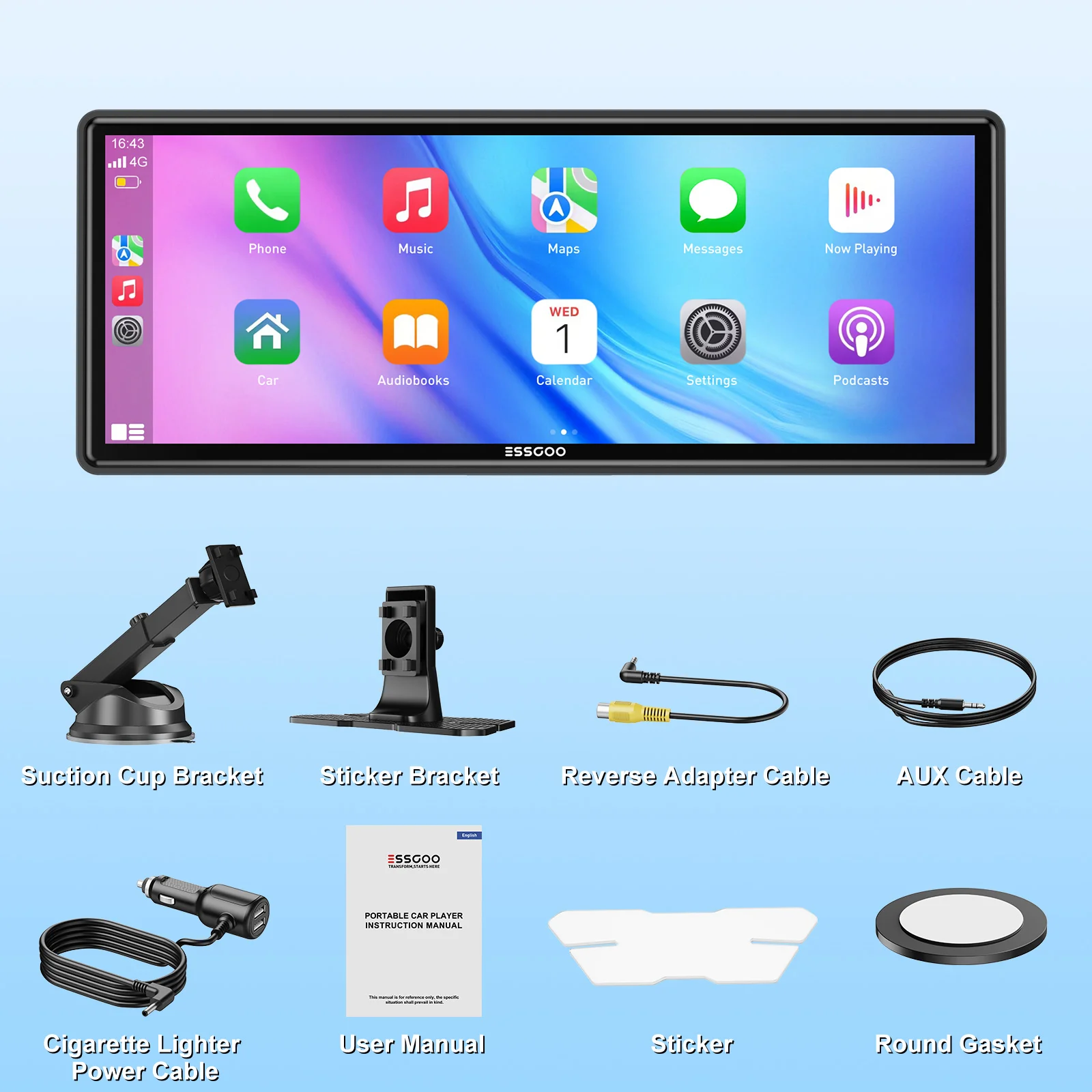 ESSGOO 10,26 inch Carplay MP5-speler Draagbare BT Touchscreen Draadloze Carplay Android Auto Autoradio voor Apple of Android Video