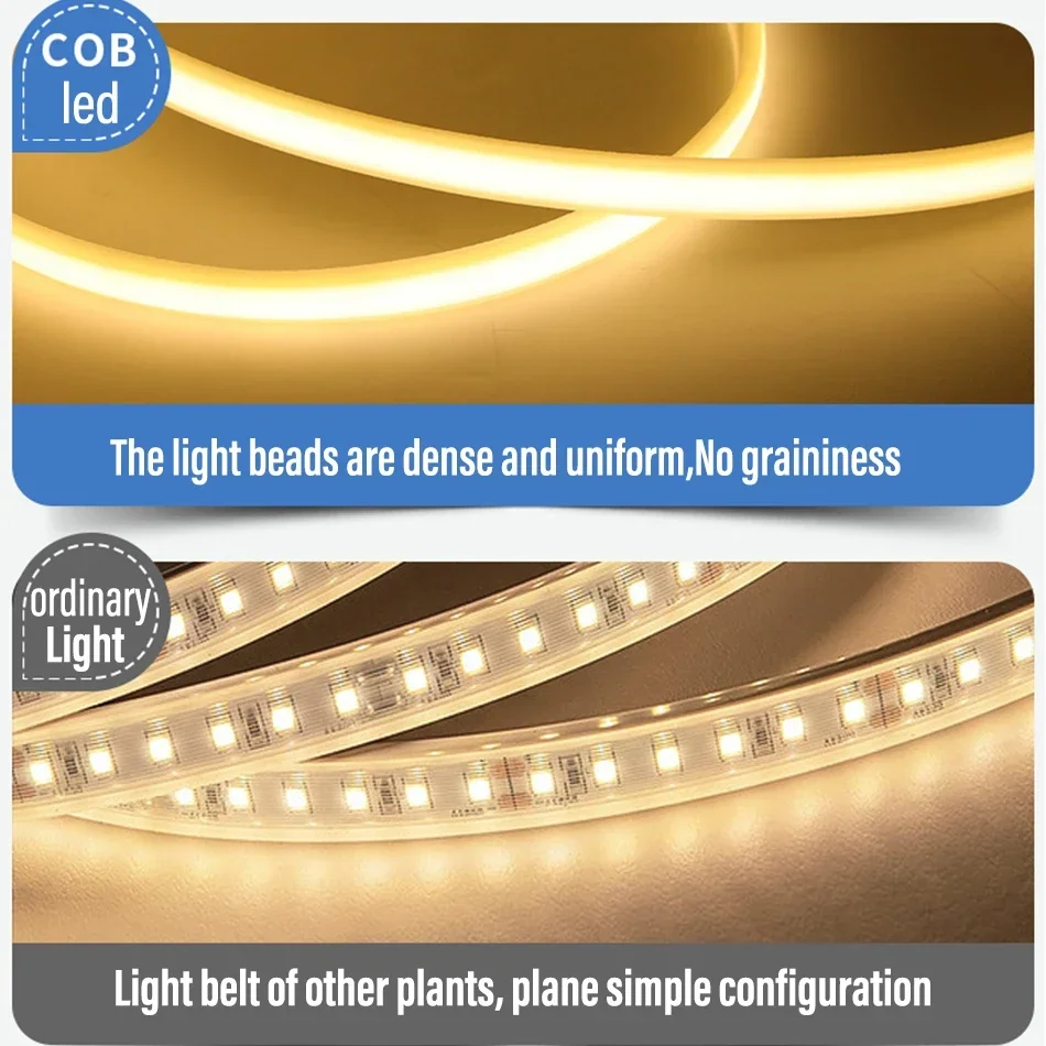 COB LED Strip 220V Waterproof Outdoor Decor  360Leds/M RA 90 High Brightness 3000K 4000K 6000K Flexible Ribbon FOB Light