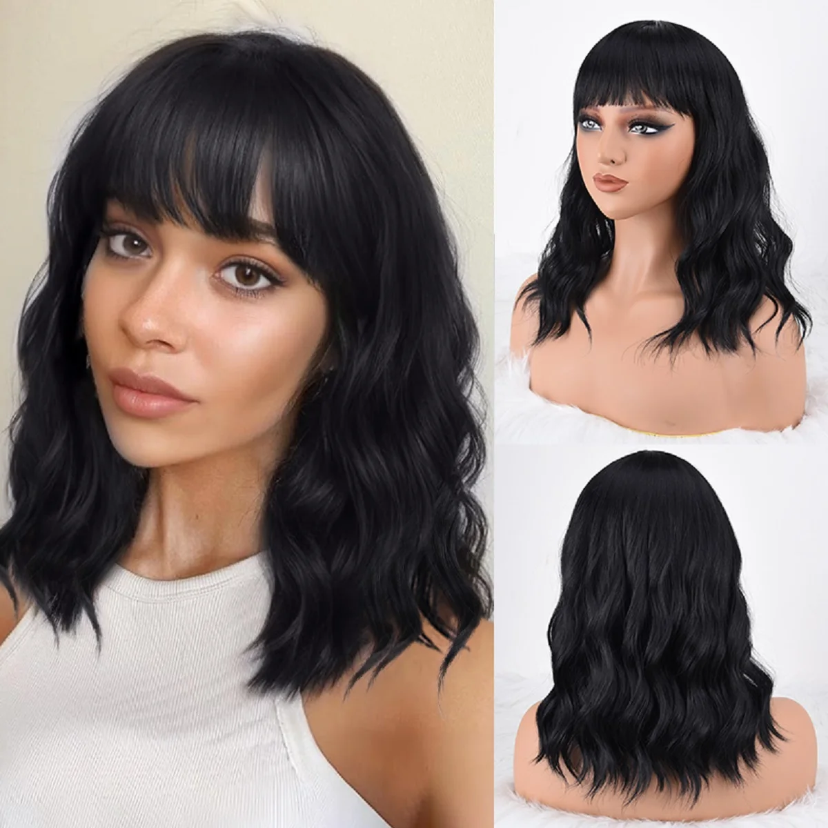 

ZINAN 16inch Short Bob Black Synthetic Wig With Bang for Women Natural Wavy Heat Resistant Hair Daily Wear Female Fiber Wigs