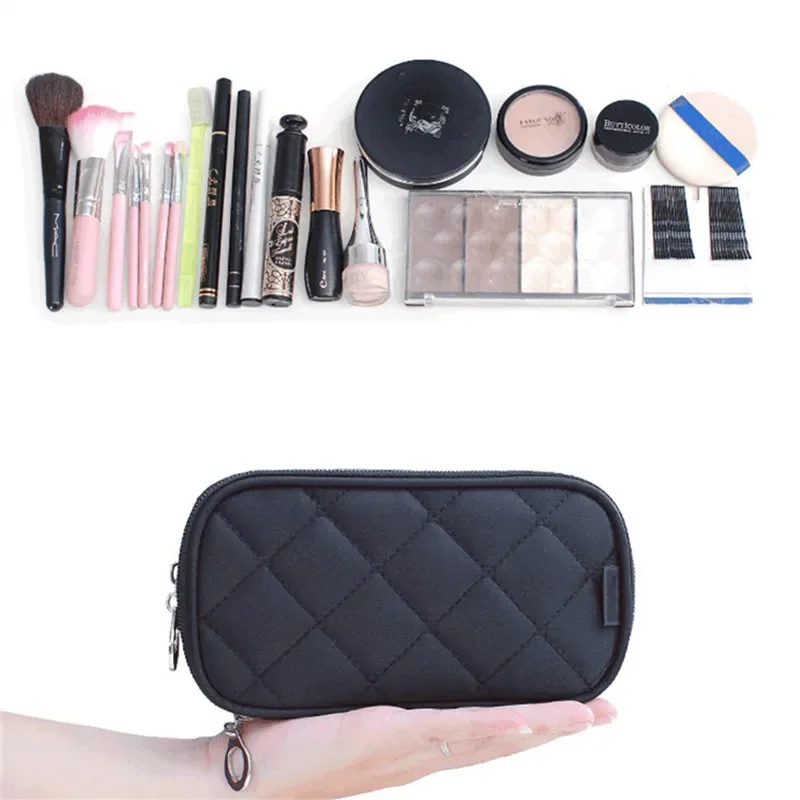 Women's Mirror Mini Cosmetic Bag Simple Waterproof Storage Box Black Double Layer Lingge Make Up Brush Beauty Organizer Supplies