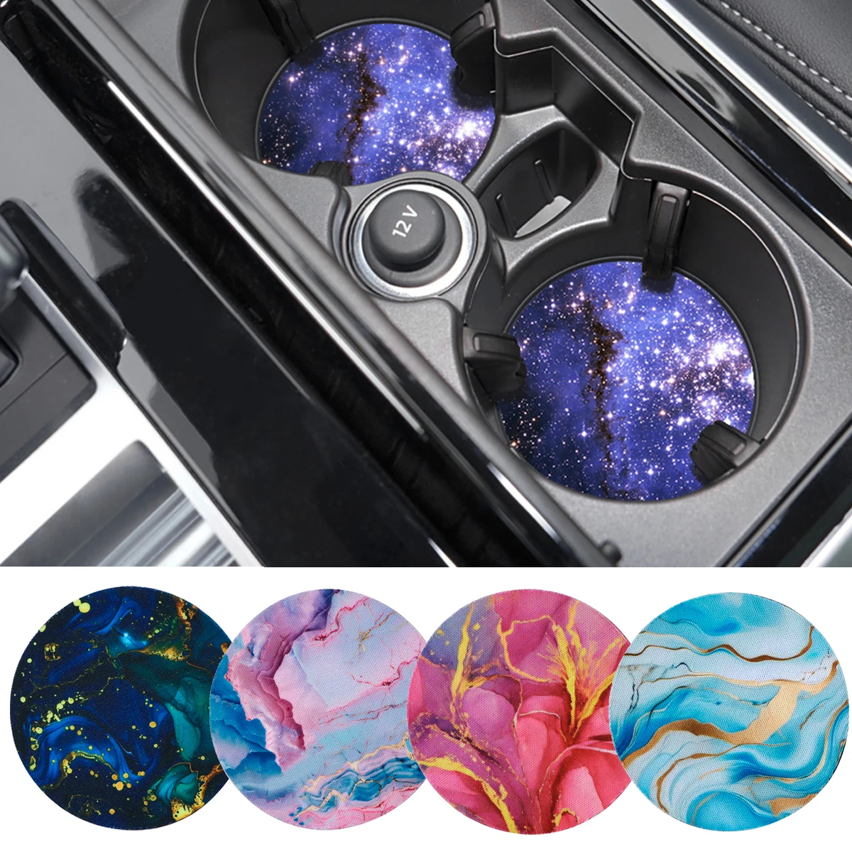 

2pcs Marble Pattern Car Cup Holder Coasters Fashion Starry Sky Non-slip Car Water Cup Mat Women Men Car Interior Accessories