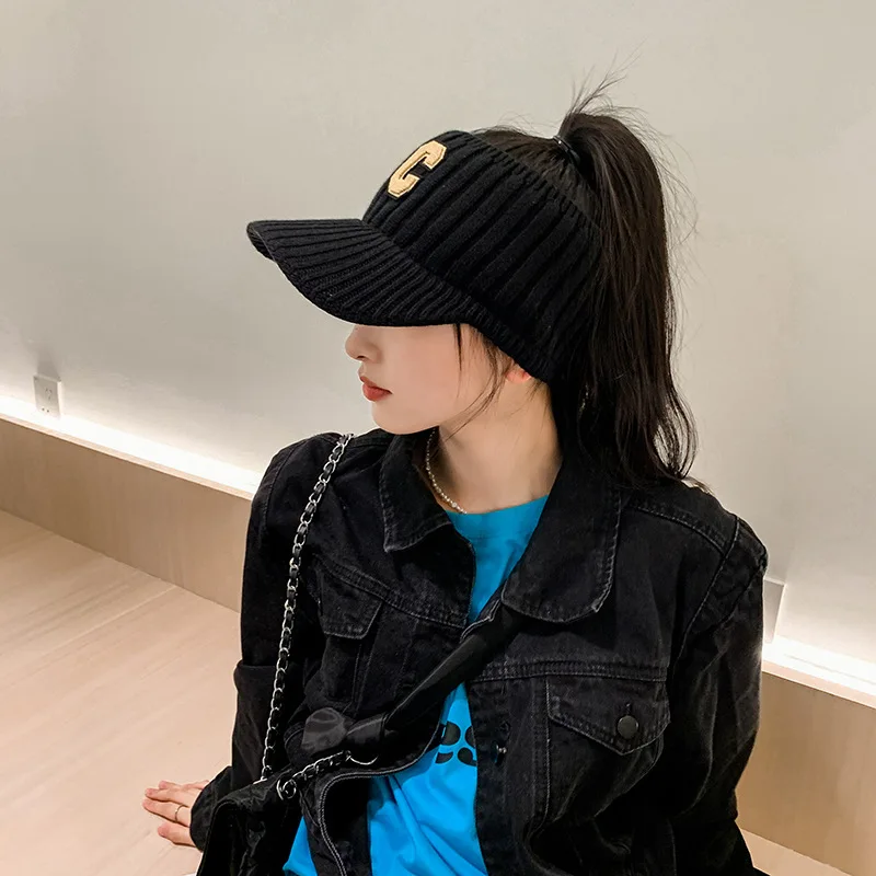 Trendy C Letter Embroidery Winter Ear Protection Warm Female Empty Top Hat Wool Knitted Fashion Spring Sunshade Peaked Cap