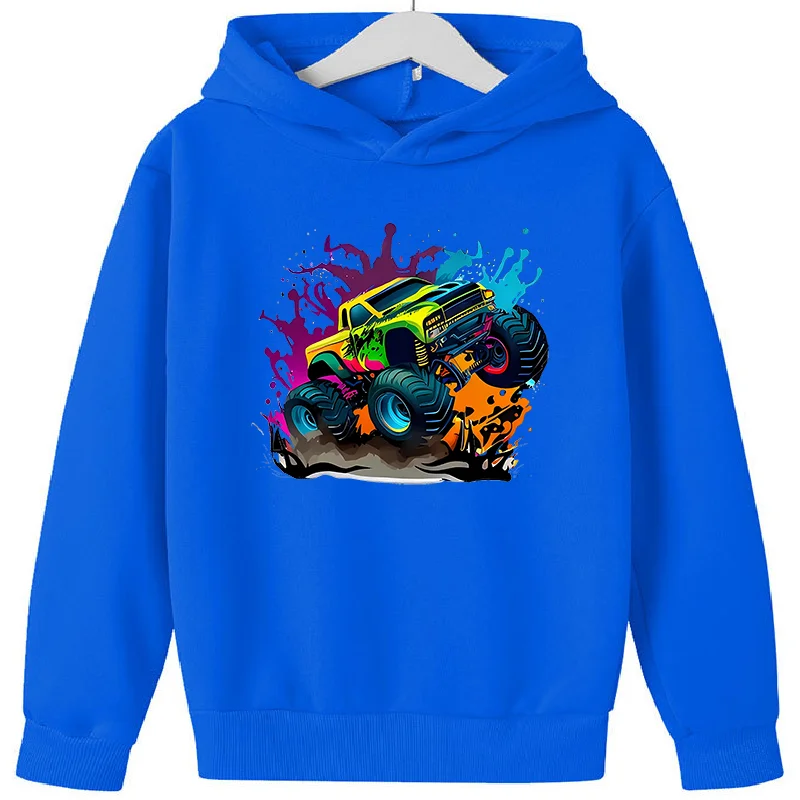 Kids Hoodie, Colorful Monster Truck Splash Paint Print Long Sleeve Pullover Casual Boys Girls Hooded Sweatshirt Daily Tops
