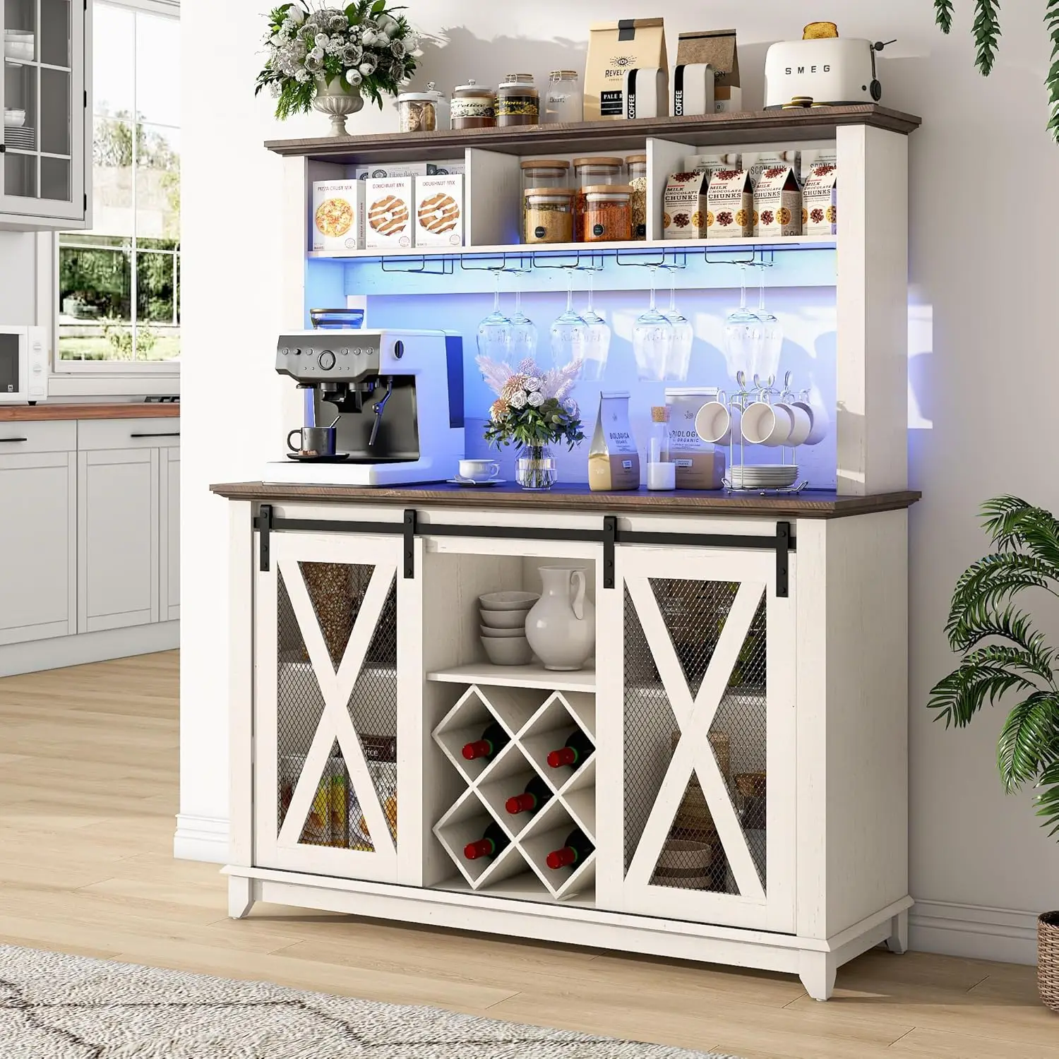 

47"Wide 56"H Farmhouse Coffee Bar Cabinet with Power Outlet and LED Light,Wine Bar Cabinet w/3 Storage Hutch,Kitchen Cabinet