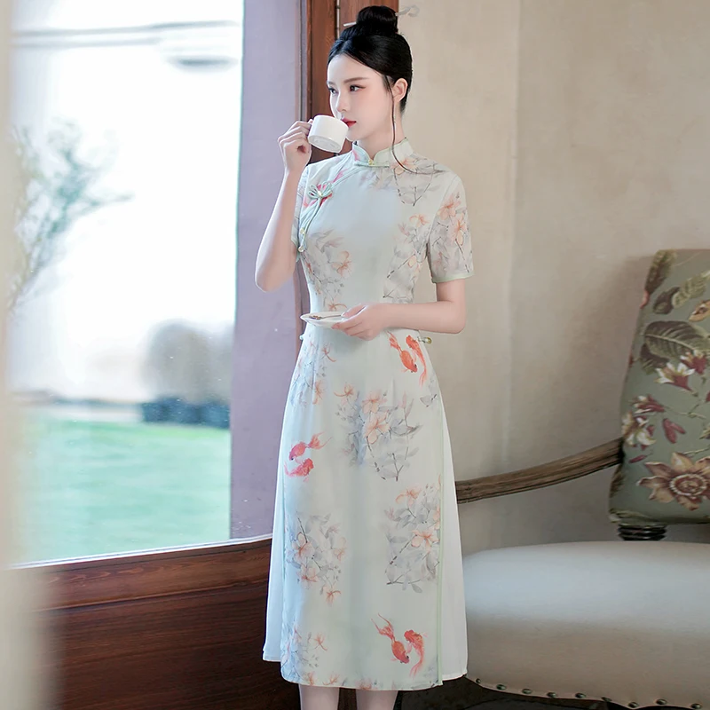 Traditional Chinese Style Aodai Improved Tea Clothing Modern Cheongsam Summer New Koi Printed Qipao Dress