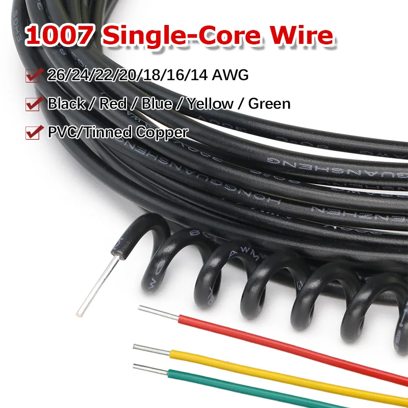  1007 Single Core Tinned Copper Wire 26/24~14AWG PVC Insulation Solid Line Electronic Cables Circuit Board Wire Connection Line