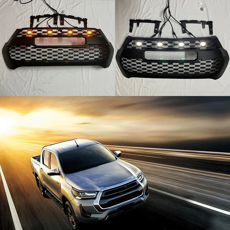 

Front Racing Grill For Toyota Hilux Revo 2021 2022 2023 Accessories With LED Raptor Grille Cover Black Bumper Mask Mesh