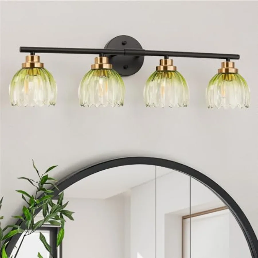 

Bathroom Vanity Light Fixtures, Modern Black and Gold Wall Lights for Mirror, Tulip Glass Shades Over Sink Lighting for Bedroom