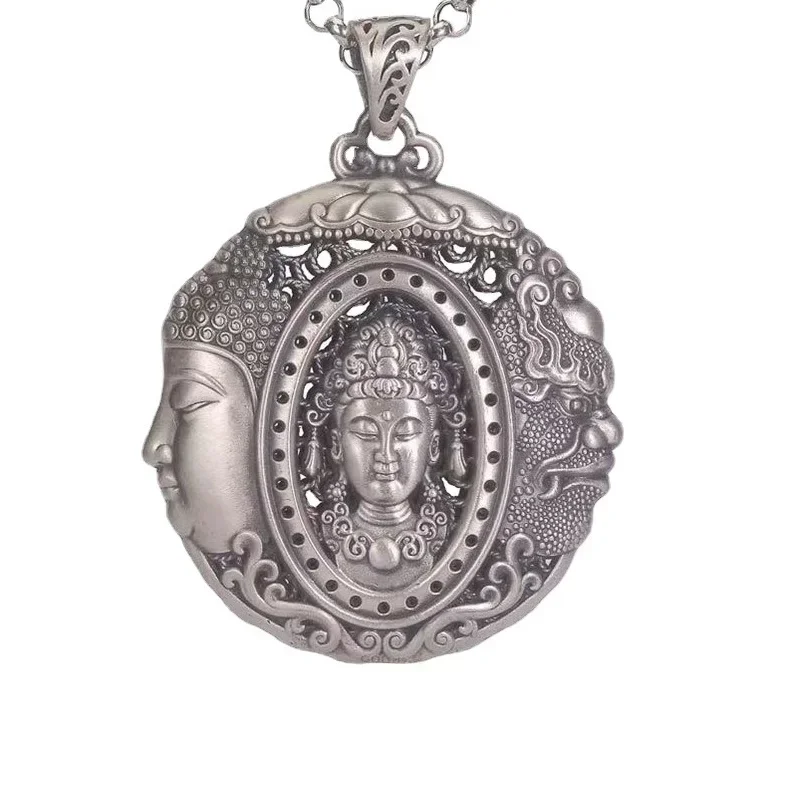 Real S925 Silver Carved Hollowed Three-faced Buddha Necklaces Pendant for Men Women Male Thai Silver Retro Round Trendy Jewelriy