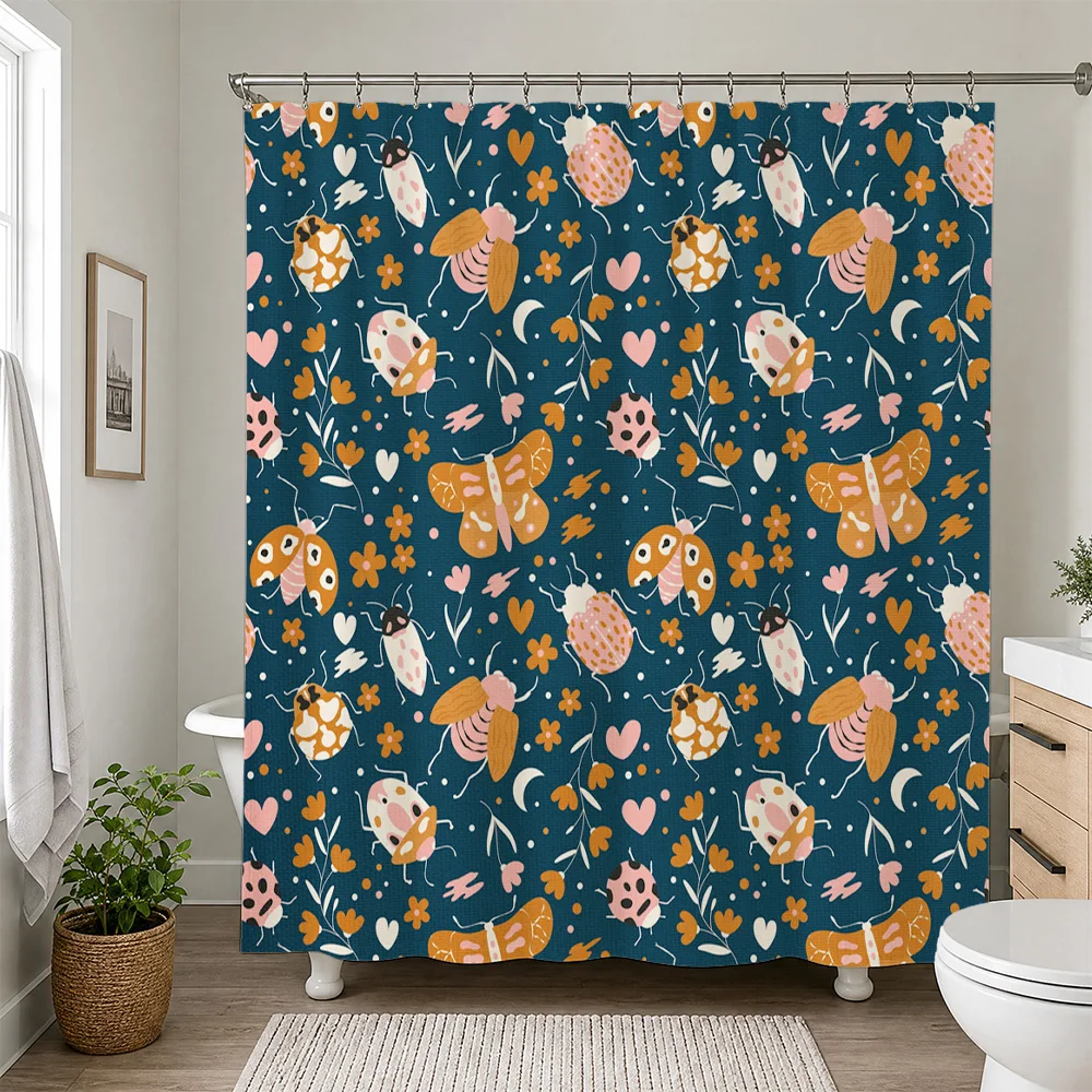 Whimsical Butterfly Bee Ladybug Pattern Shower Curtain Waterproof Bathroom Decor Novelty Print for Kids and Adults