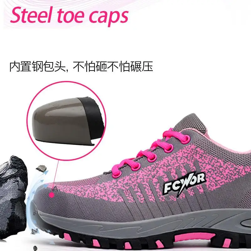 Safety Shoes for Women Steel Toe Sneakers Puncture Lightweight Boots Female Pink Small Size