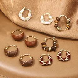FTCY Vintage Hoop Earring for Women Melard Tiger Eye Stone Brown Round Earrings for Women Leopard Print Female Jewelry