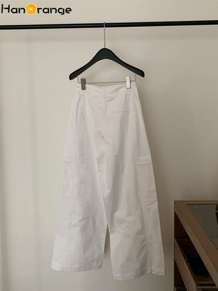 HanOrange 2025 haut de gamme Multi poche lavé coton décontracté Cargo pantalon femmes Simple ample jambe droite pantalon riz blanc