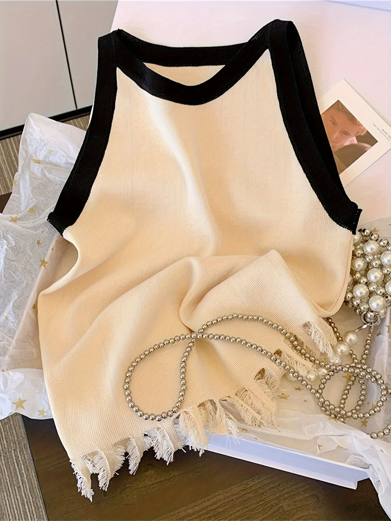 Women Contrast Trim Ribbed Knit Camisole Top Fringe Hem Sleeveless Slim Fit Cropped Casual Summer Y2K Streetwear All Season