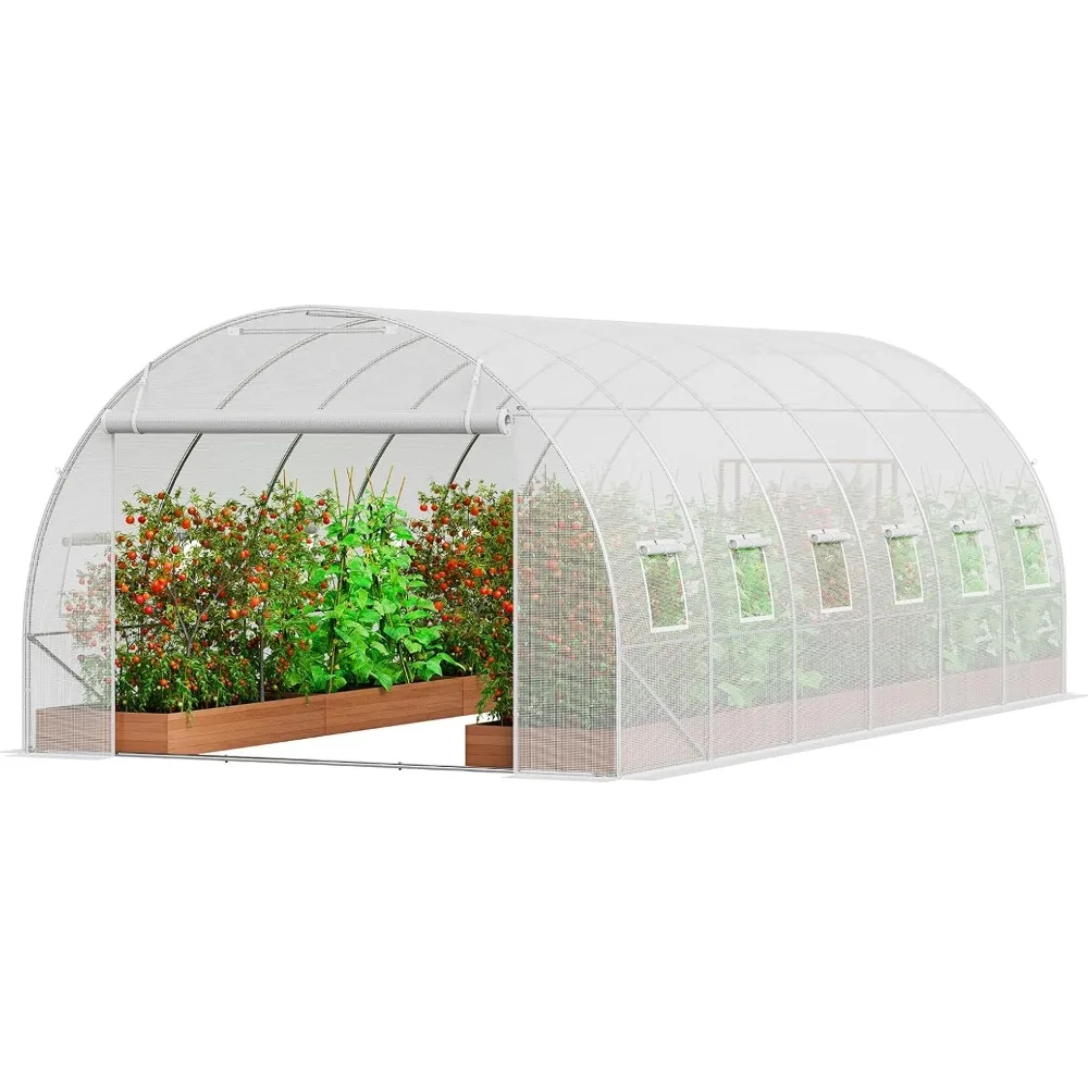 Walk-in Tunnel Greenhouse, 19.4x9.7x6.5 ft Hoop House Greenhouse Tunnel, Plant Hot House with Galvanized Steel Frame,White Cover