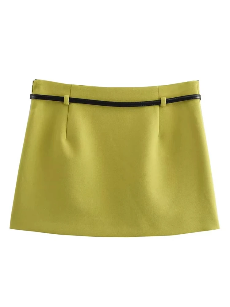 Elegant Chic Skirts Sets Women With Belt Green Shirts+High Waist Mini Skirt Female Autumn 2024 New Green Office Lady 2 Piece Set