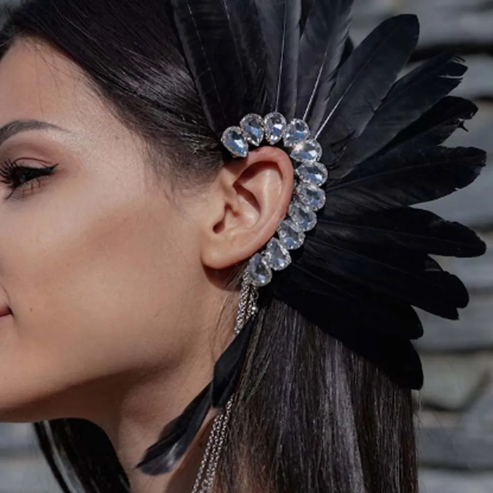 Stonefans Black Feather Ear Pinna Earrings 2024 Designer Trend Vintage No Piercing Accessories Ethnic Wedding Jewelry Dance Gift