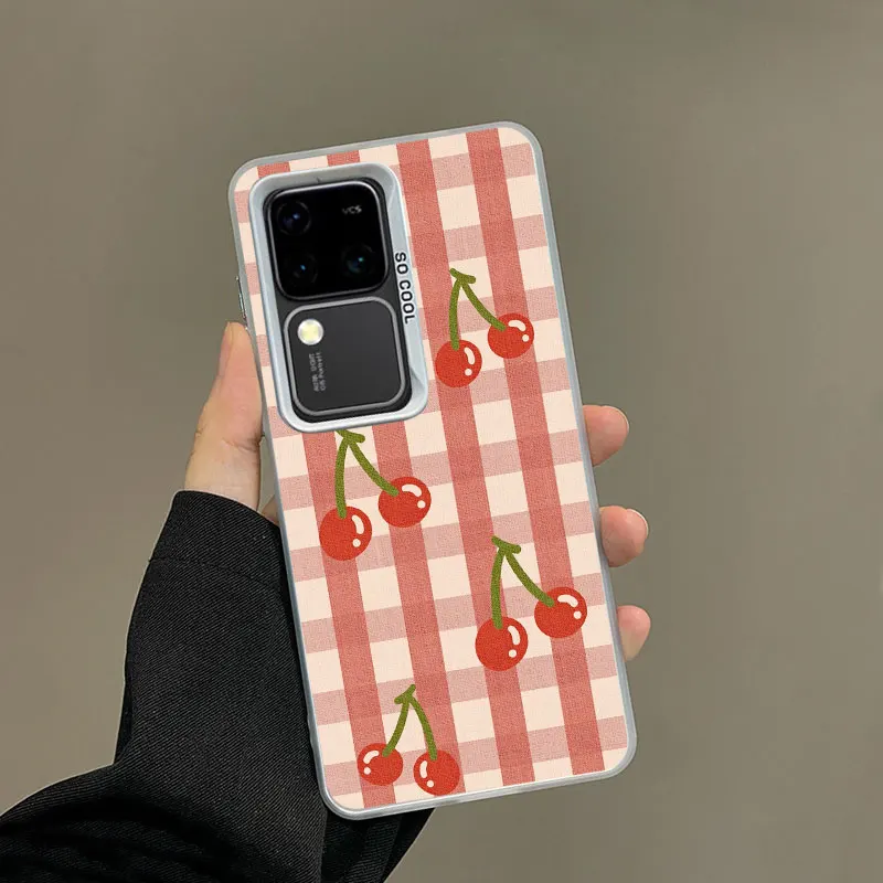 For Samsung Galaxy S24 S23 Ultra Plus FE S25 S22 Ultra Plus S21 FE Laser Phone Case Cute Fashion Girl Cherry Grid Pattern Covers