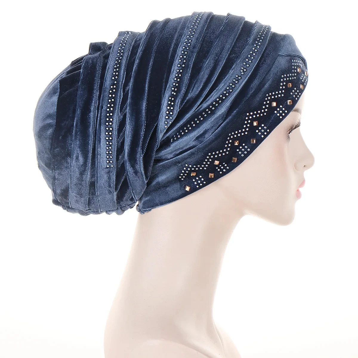 Glitter Diamonds Pleated Turban Cap Women Soft Velvet Head Wraps Caps Muslim Headscarf Bonnet Female Beanie Pullover Cap