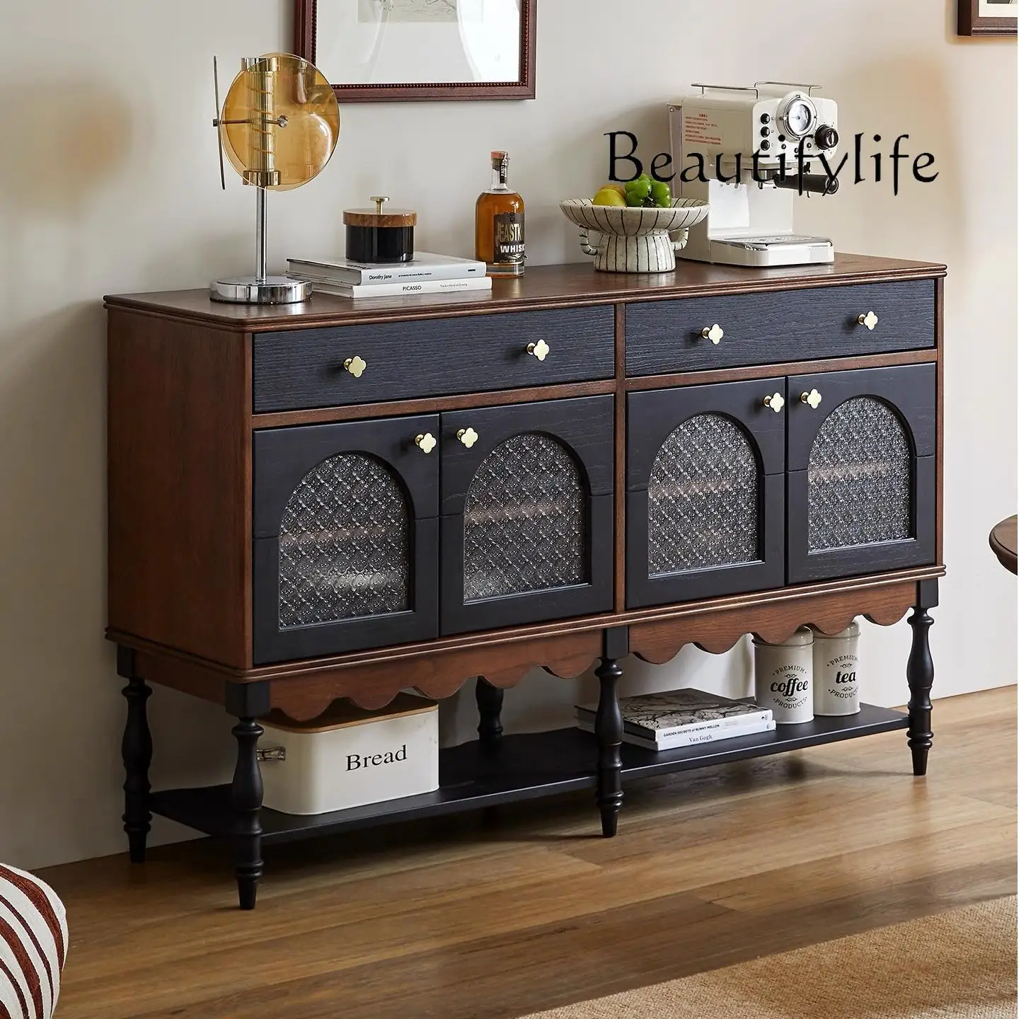 

French retro solid wood dining side cabinet American color matching living room against the wall side cabinet storage antique te