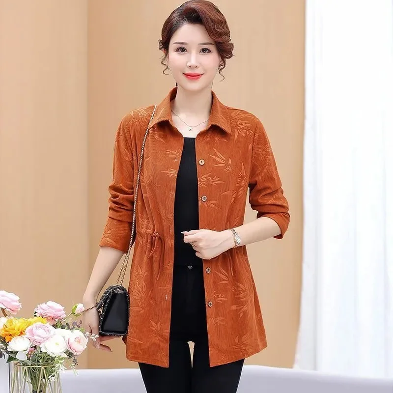 

Spring Autumn Ladies Large Size 5XL Tops Outwear Middle Aged Mother Casual Corduroy Shirts Coat Feminine Cardigan Blouse Jacket