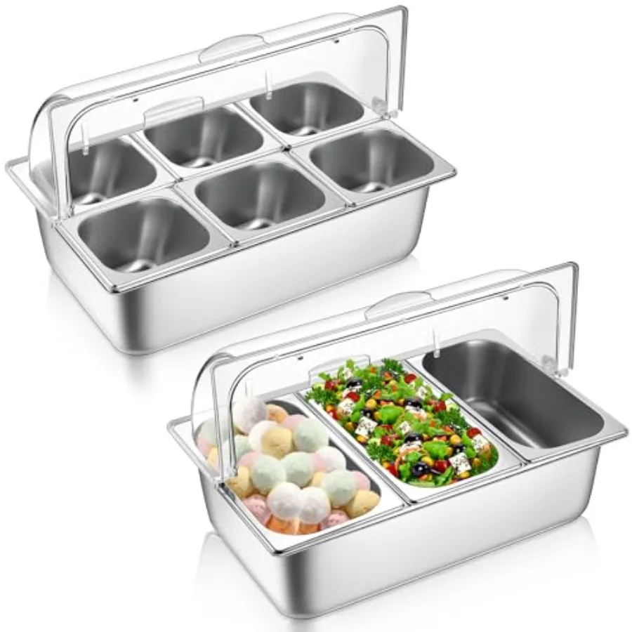 

2 Pack Countertop Food Serving Display Container Stainless Steel Food Serving Tray Buffet Condiment Dispenser Display Rack with