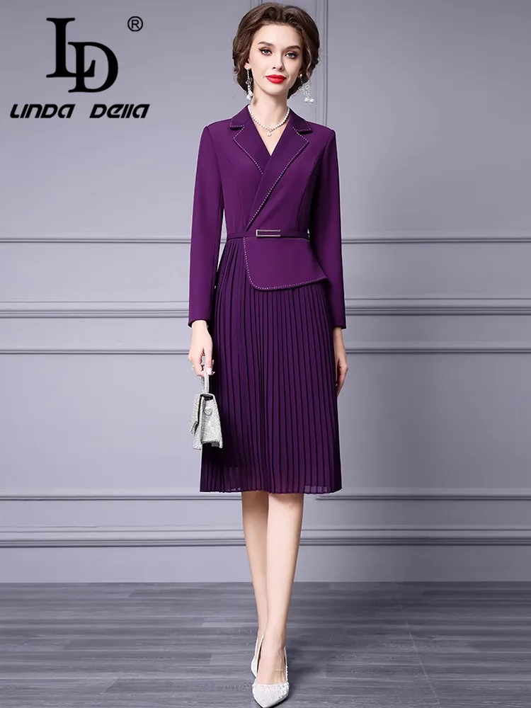 LD LINDA DELLA Autumn Winter New Style Commuter Designer Women\'s Dress Notched Slim-Fit Hip Wrap Pleated Splicing Lace-UP Dress