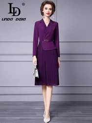 LD LINDA DELLA Autumn Winter New Style Commuter Designer Women's Dress Notched Slim-Fit Hip Wrap Pleated Splicing Lace-UP Dress