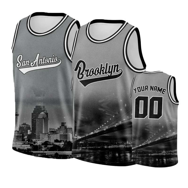 Personalized Grey Brooklyn Basketball Jersey Men Top City Night View Team Blouses Sleeveless Custom San Antonio Basket Shirt