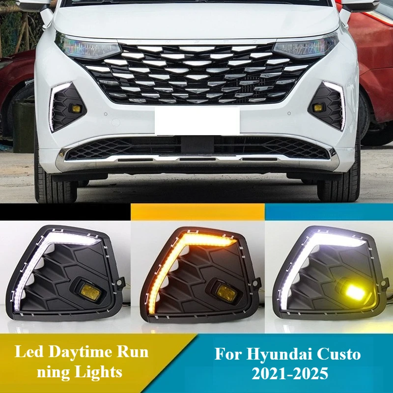 

For Hyundai Custo 2021 2022 2023 2024 2025 Led Daytime Running Lights Front Bumper Fog Lamp Dynamic Turn Signal 12V DRL Daylight