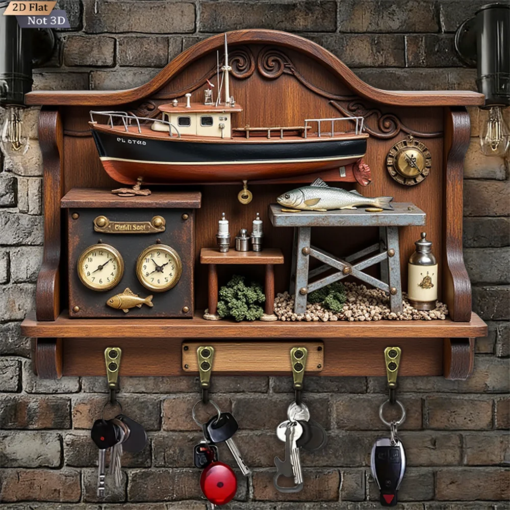 2D Flat, 1pc, Vintage Fishing Boat Design Key Hook, Wooden Multi-functional Home Key Hook with Four Metal Hooks, Wall