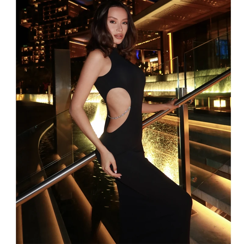 MUJER Abiti lunghi ritagliati da donna Abito lungo senza maniche nero Donna Abiti da festa aderenti sexy da donna Abito da notte alla moda