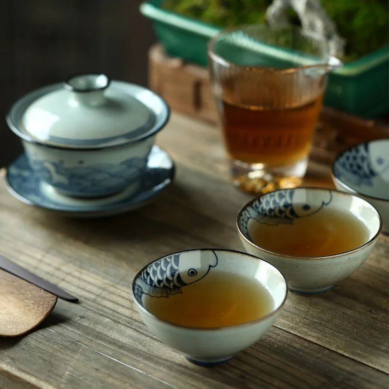 Jingdezhen Porcelain Gaiwan Clay Gaiwan Stoneware Hand Painted Blue and White Tea Making Device Cover Bowl One Bowl Four Cup Set