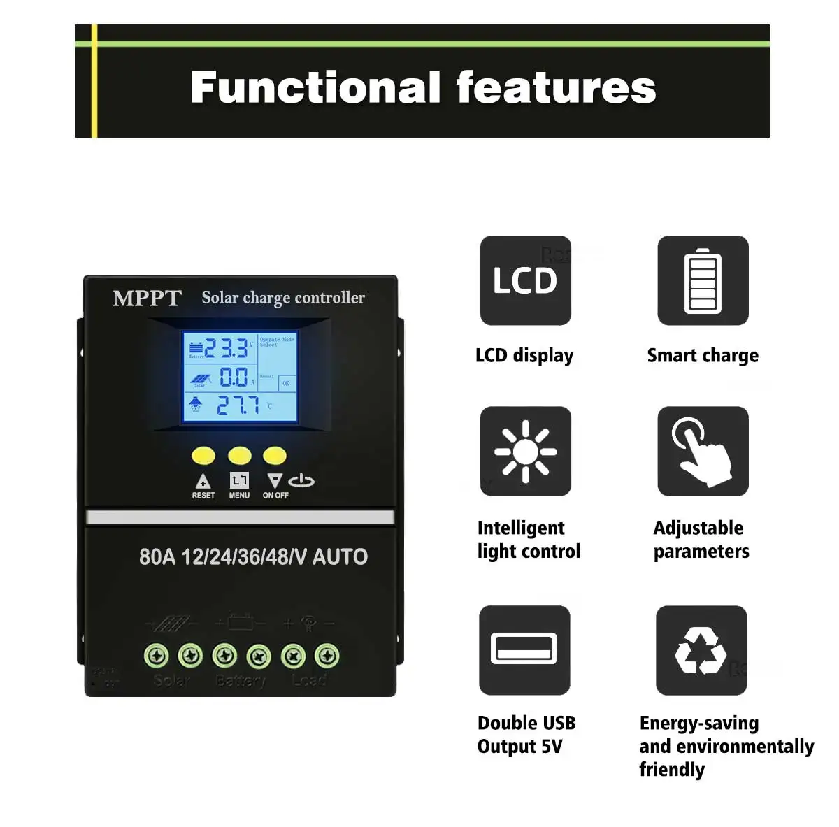 ROEXBY 80A MPPT Solar Charger Controller (12V, 24V, 36V, 48V) with Dual USB Solar Panel Voltage Regulator