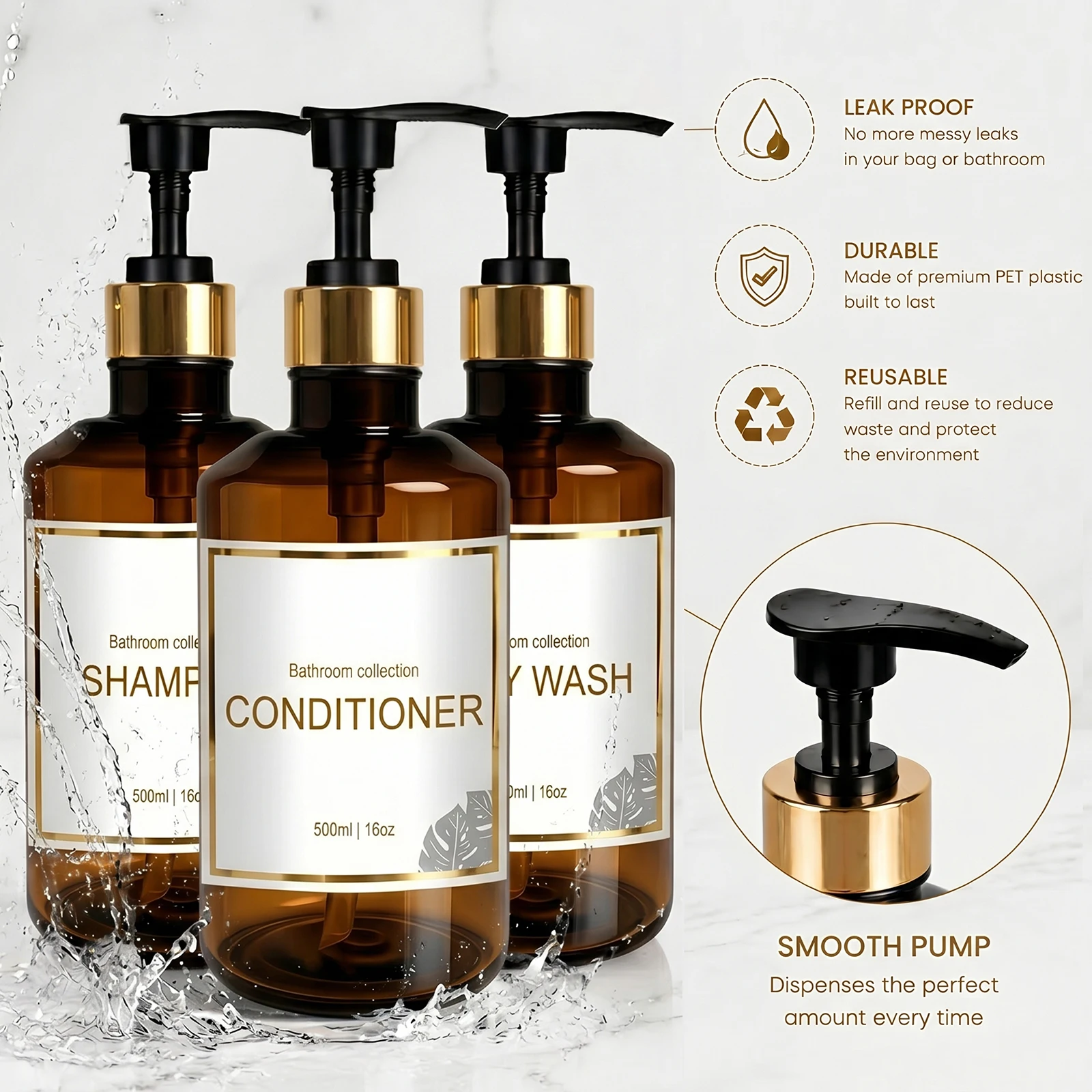 Shampoo and Conditioner Dispenser for Shower and Guest Bathroom Amber Plastic Refillable Pump Bottles for Shampoo Shower Gel view 3