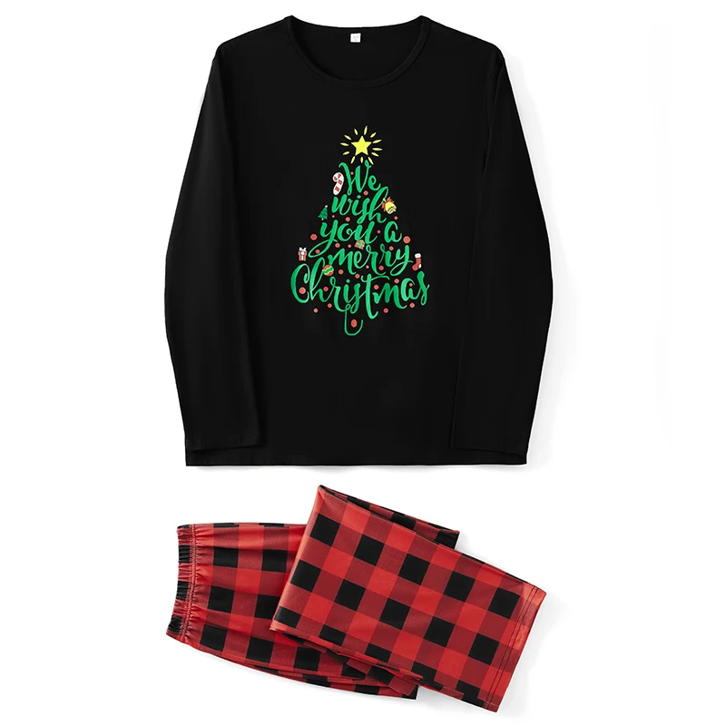 

Festive Holiday Matching Family Pajamas Set Cozy Long Sleeve Top with Christmas Tree Print and Plaid Pants for Lounging