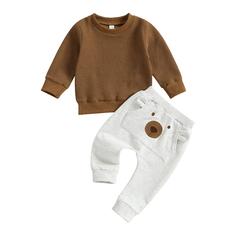 

Boy Autumn 2PCS Outfit Sets Long Sleeve O Neck Solid Color Tops Cartoon Pants Sets