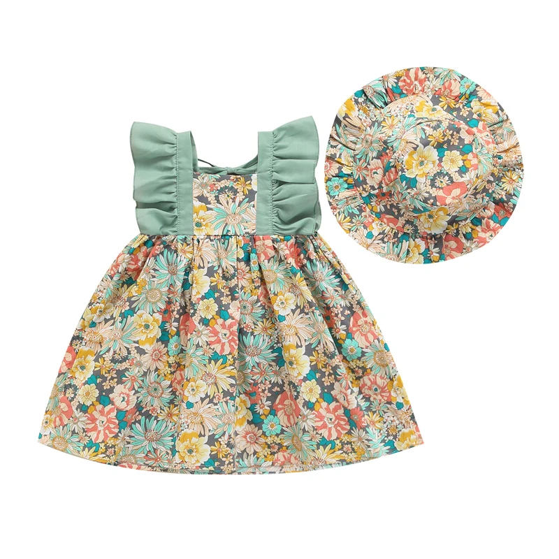 

Summer Girl Baby Strap Dress Fragmented Flower Children's Sleeveless Princess Dress 0-3 Year Old Newborn Comes with Hat