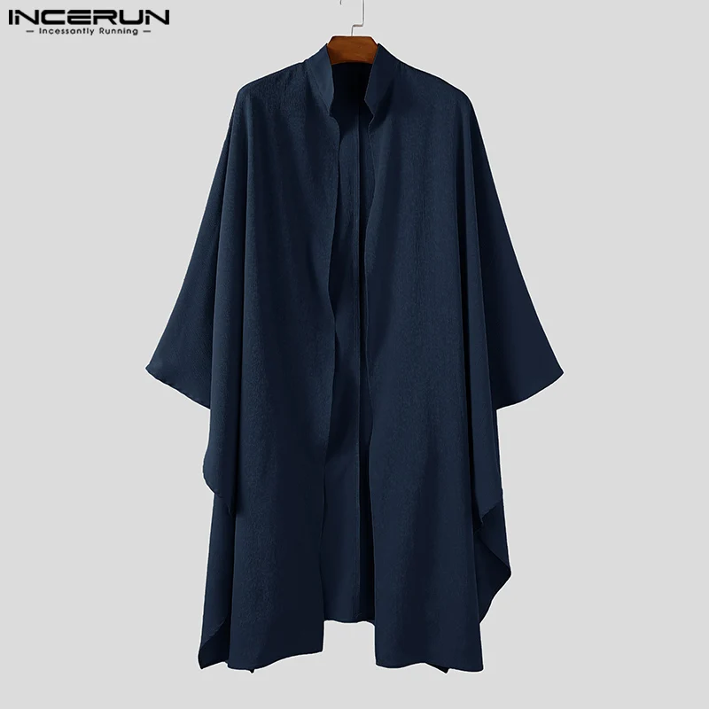 INCERUN الرجال نمط طويل خندق معاطف غير النظامية الصلبة طويلة الأكمام الذكور سترة الشارع الشهير فضفاضة المفتوحة غرزة ملابس خارجية غير رسمية الرجال