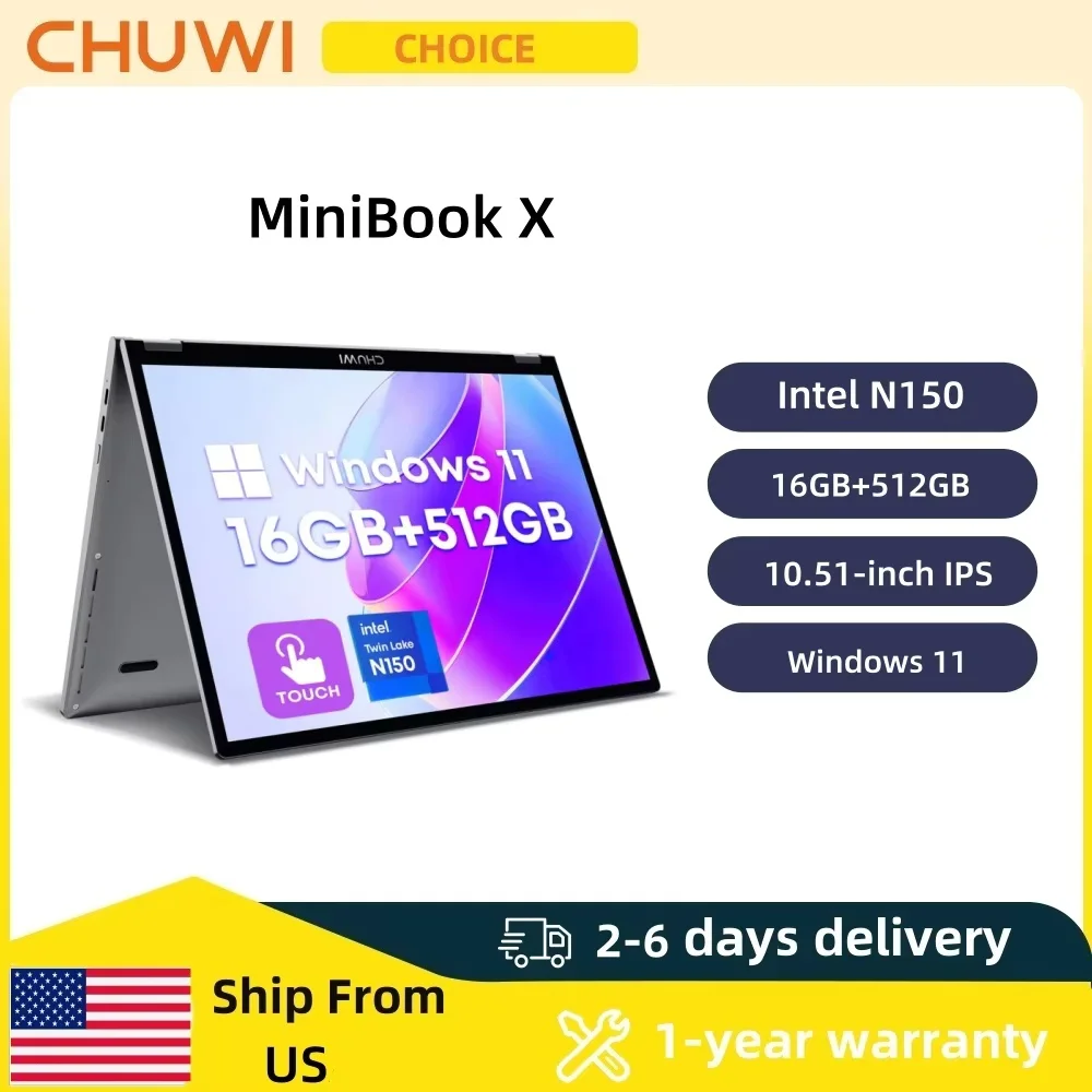 Ноутбук CHUWI MiniBook X 2 в 1 Intel N150 (до 3,6 ГГц) 512 ГБ ПЗУ 16 ГБ LPDDR5 10,51 дюйма 1200x1920 FHD IPS Ноутбук с Windows 11